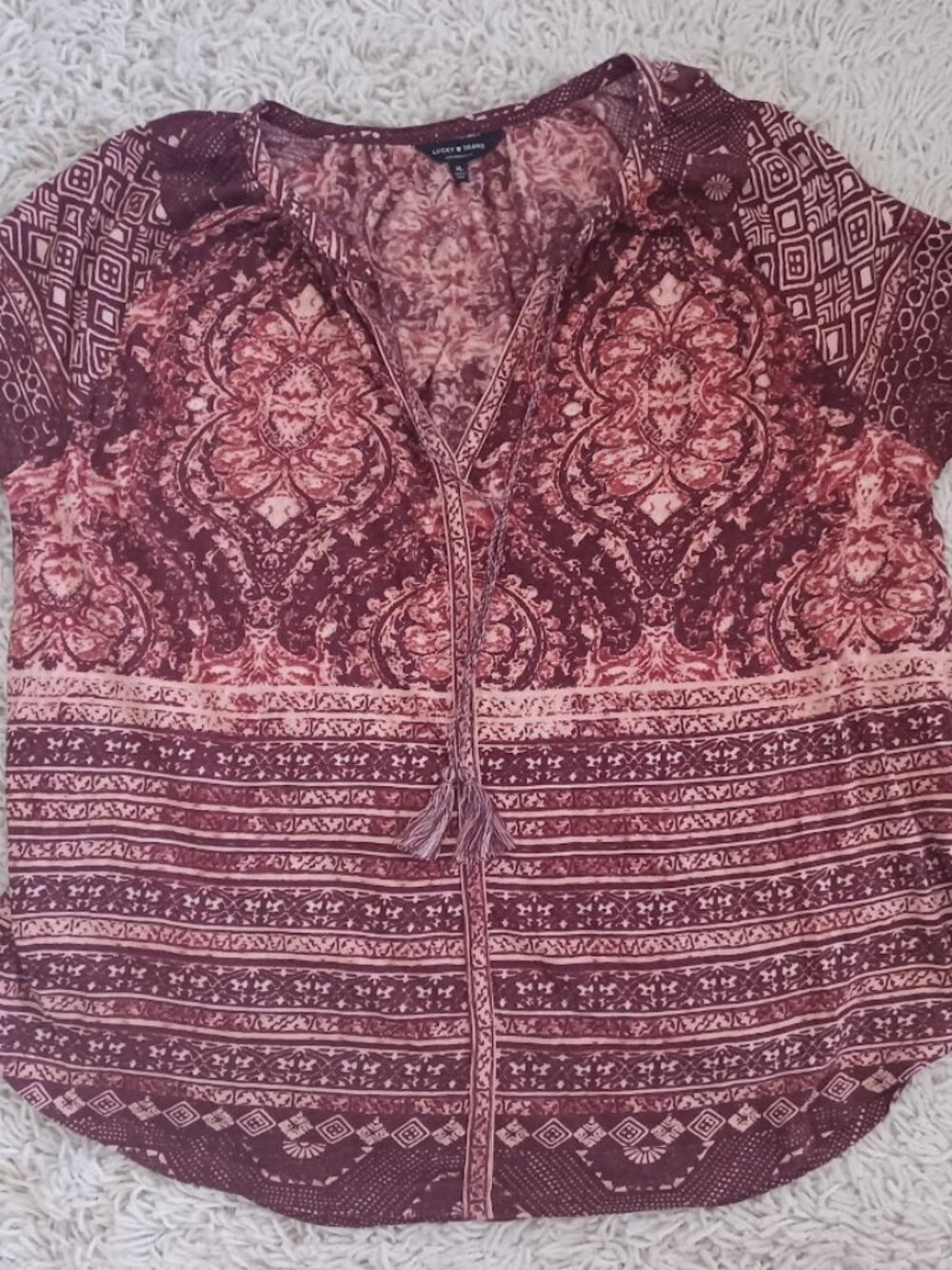 Lucky6 Brand Womens XL Boho Peasant Top Burgundy Pink Tassel Tie Linen Blend